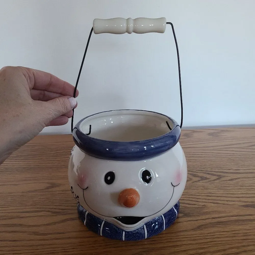 Ceramic Cheery Winter Snowman Bucket Pail Christmas Décor Vintage